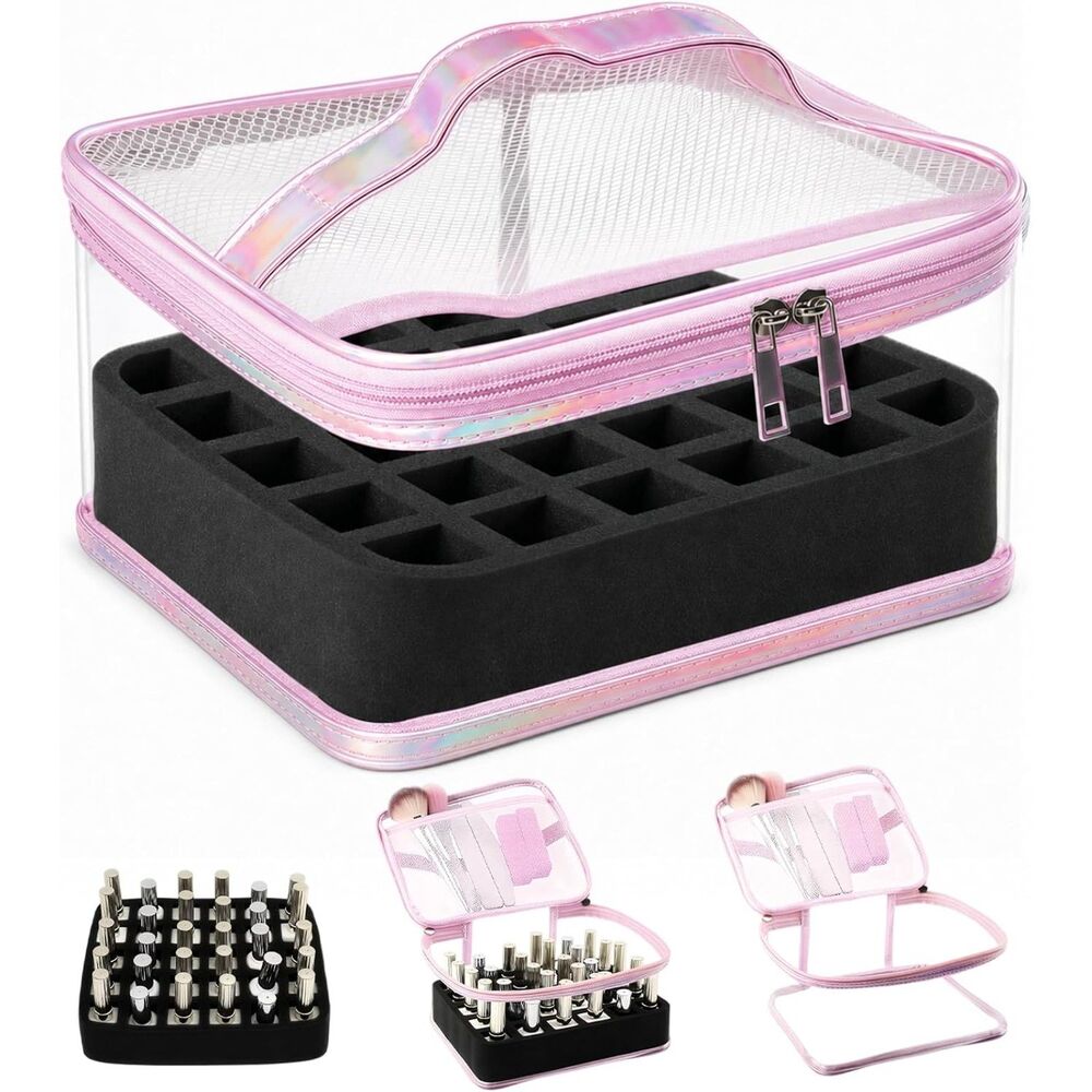 New Nail Polish Organizer Case Holds 30 Bottles Clear PVC Travel Bag Pink
